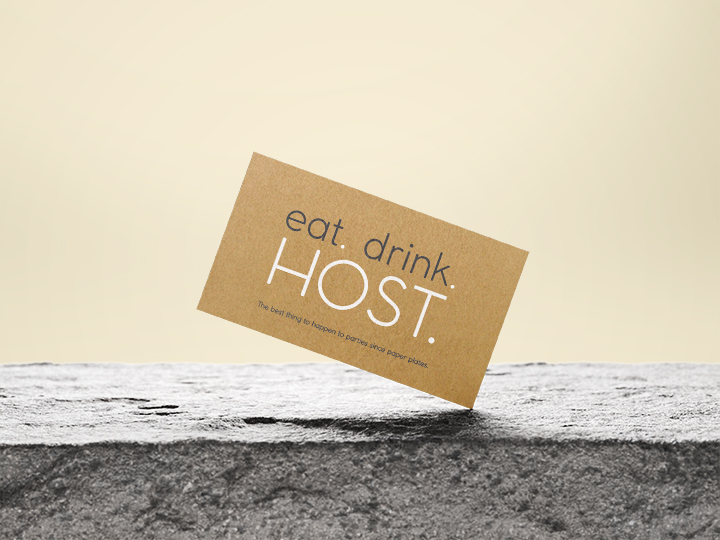 A visually stunning business card displaying the keywords "eat, drink, host," showcasing my graphic design portfolio.