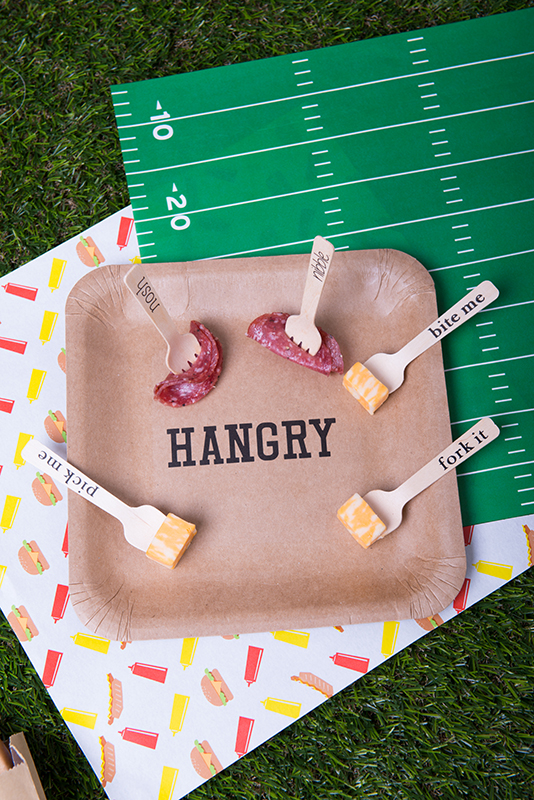 plate that says Hangry with meats and cheeses on forks with cute sayings