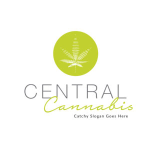 Circular logo with luminous cannabis silhouette logo on a lime green background.