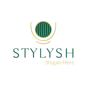 Elegant circular logo with gold and green vertical stripes encapsulated within a gold crescent shape, representing a Chic Boutique Circular Logo.
