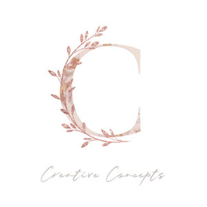Elegant marbled letter C with rose gold leaves logo, underscored by the words 'Creative Concepts' in soft script.