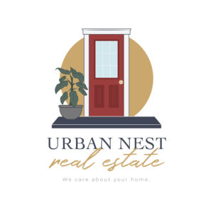 Elegant logo featuring a red door with a green potted plant beside it, set against a mustard-yellow circular backdrop, with the text "Urban Nest real estate" below in gold and blue.