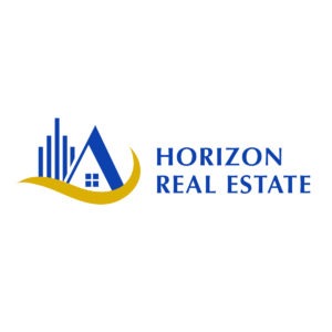 Dynamic Cityscape Real Estate Logo featuring a stylized house and ascending cityscape encapsulated within a swooping wave.