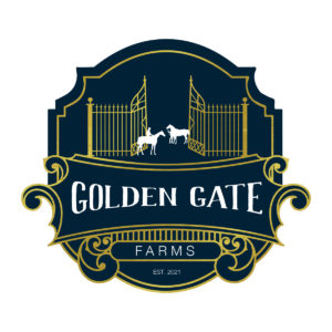 Elegant Farmstead Logo with a grand gate and horses, encased in an ornate golden seal.
