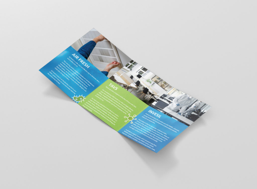 A tri fold brochure with a blue and green Graphic Design.