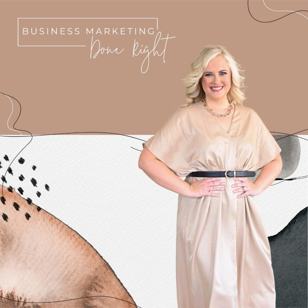 A woman in a beige dress showcasing business marketing done right with education in mind.