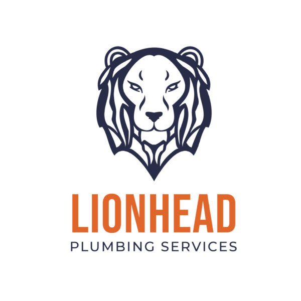 Bold Majestic Lion Plumbing Logo featuring a lion's head in navy blue and orange, symbolizing superior service and strength.