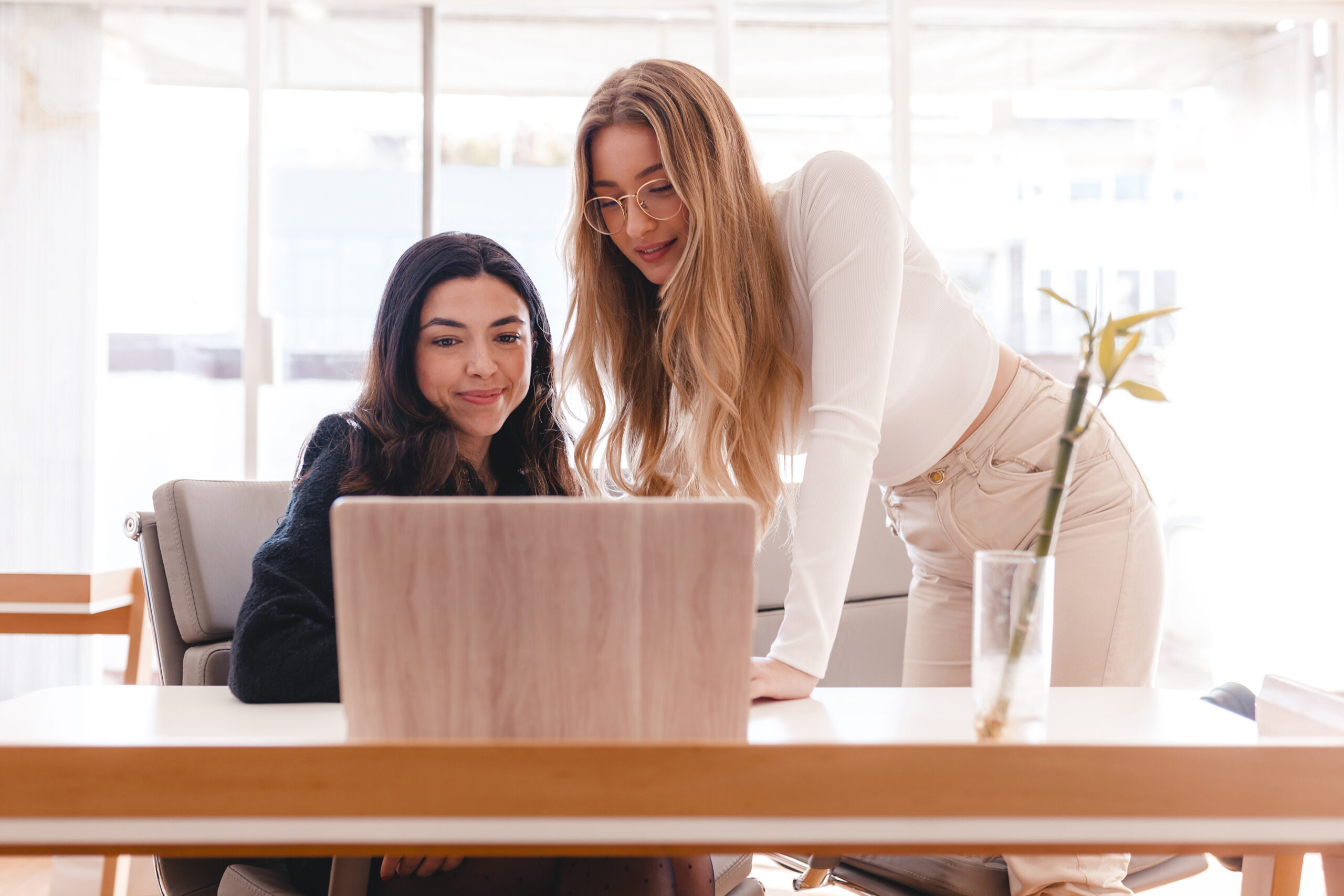 Two women learning how to use their team with the help of a laptop in an office.