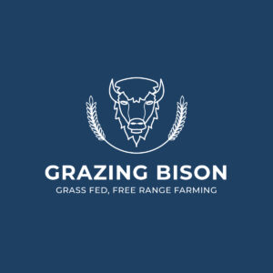 A Sustainable Bison Farm Logo showcasing a bison head encircled by wheat stalks, set against a deep blue backdrop, reflecting ethical farming practices.