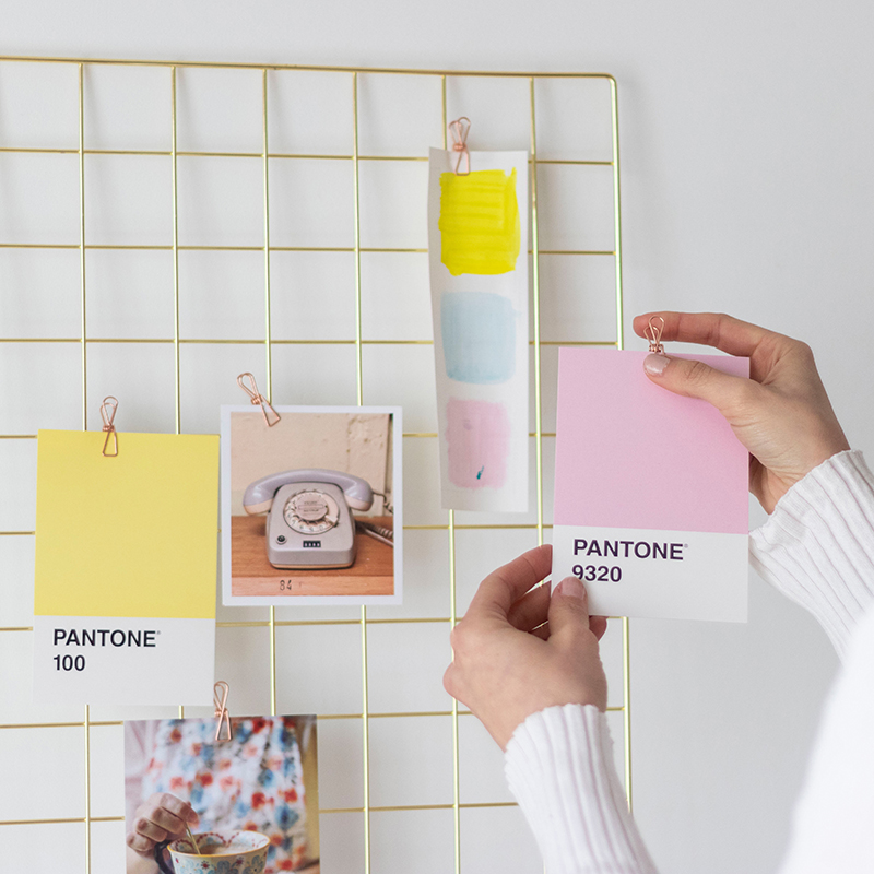 A woman is putting pantone color cards on a new wall at home.