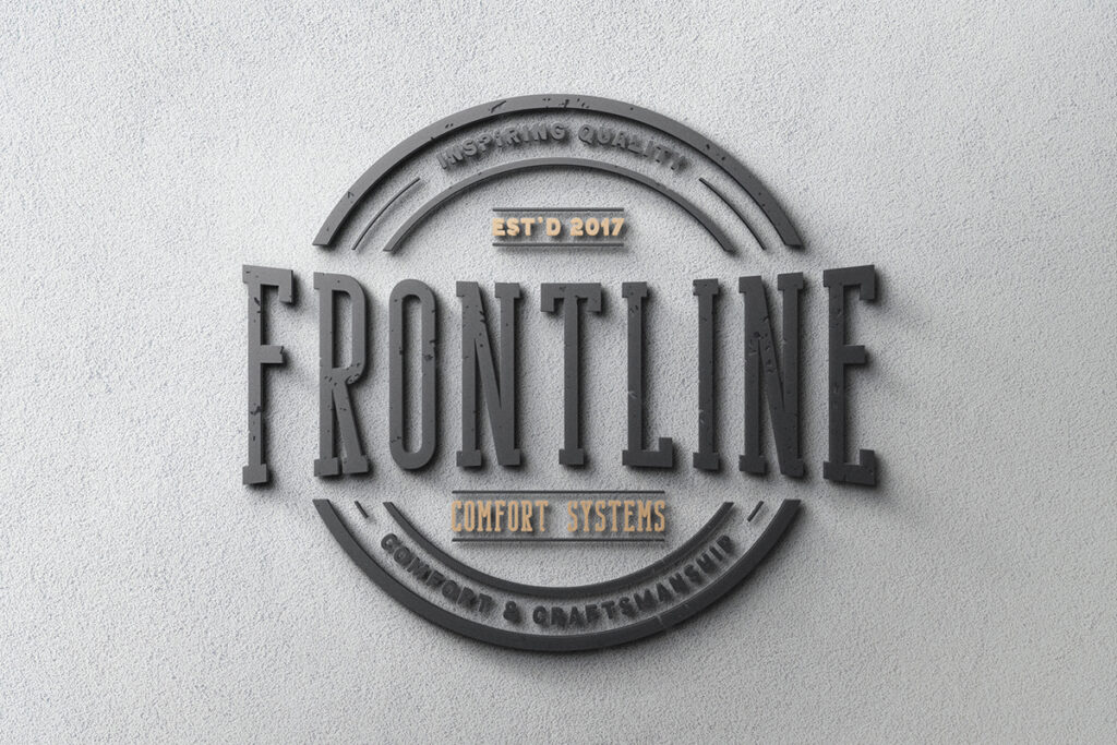 A sleek graphic design portfolio showcasing the logo of Frontline nightclub against a clean white wall.
