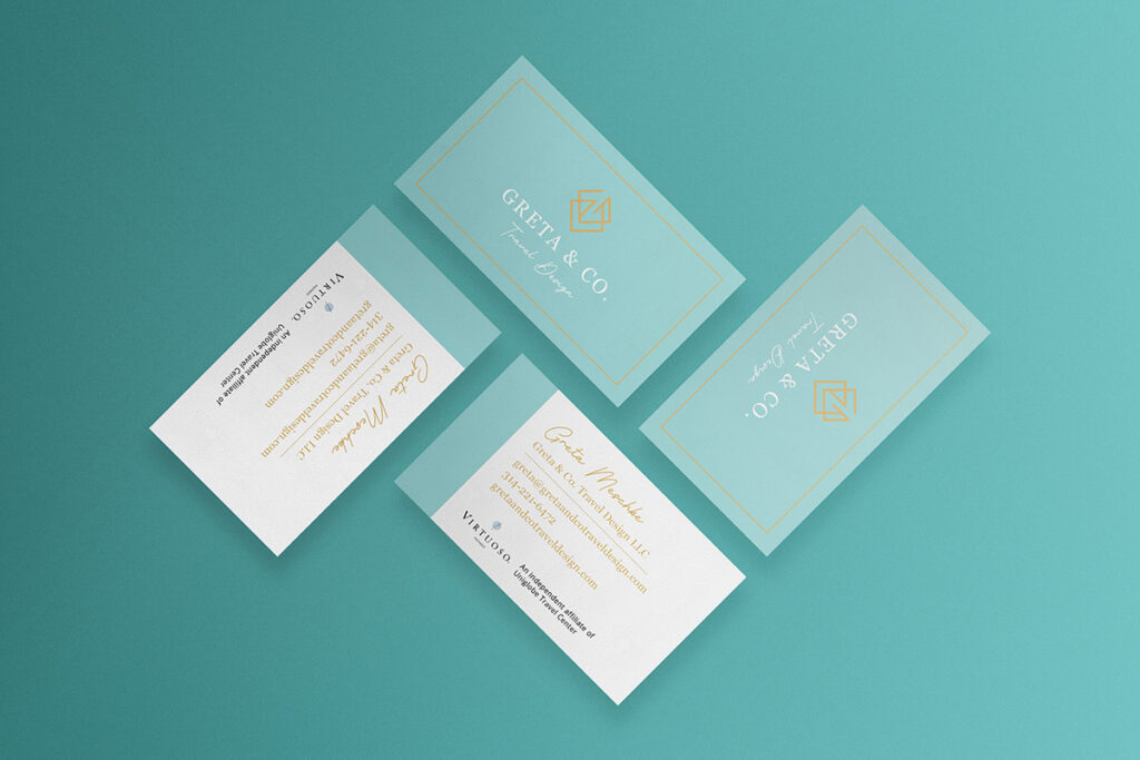 Four business cards featuring case studies on a turquoise background.