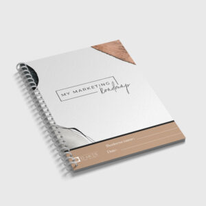 My My Marketing Roadmap Workbook, featuring a spiral notebook with the word marketing on it.