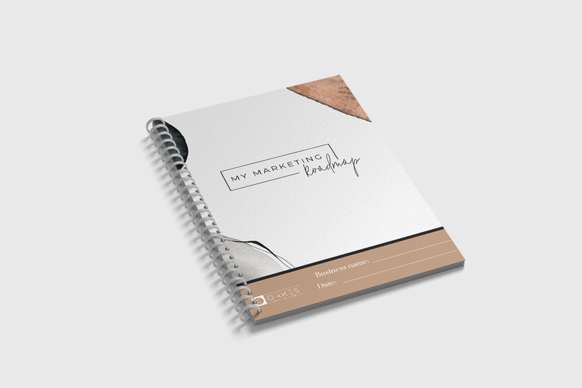 Cover of My Marketing Roadmap Workbook; sample marketing plan page; essential marketing strategies illustration.