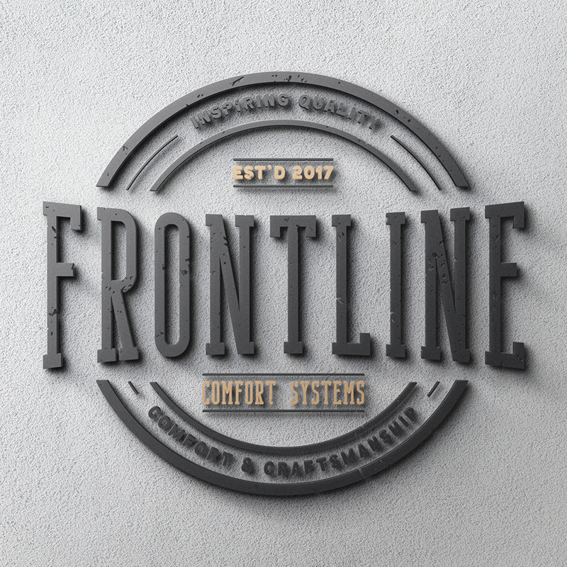 The Frontline logo displayed in a marketing lounge.