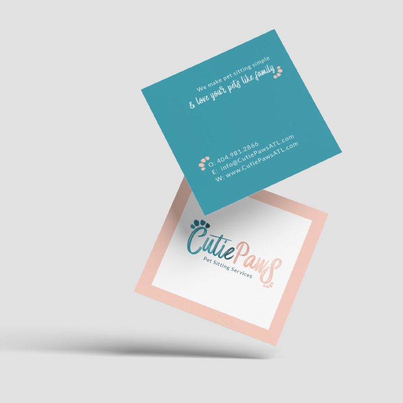 A marketing business card with a pink and blue design.