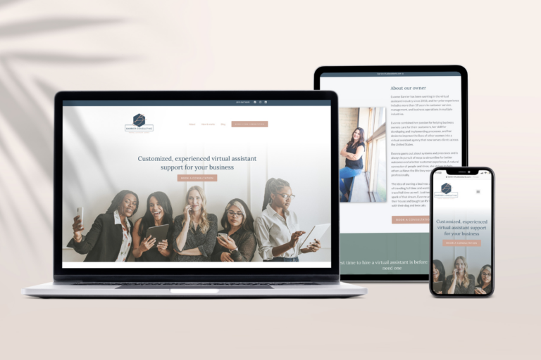 Responsive web design displayed across laptop, tablet, and mobile devices featuring a business website layout with a focus on brand identity.