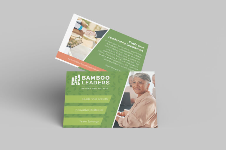 Brochure for "bamboo leaders" featuring an elderly asian woman smiling, with text about leadership growth and team synergy.