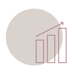 A minimalistic graph showing three rising bars with an upward arrow, indicating an increase, styled in shades of pink and gray, designed by a digital marketing agency for small businesses.