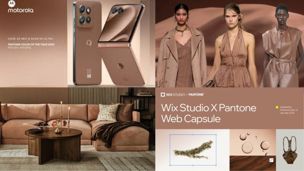 A collection showcasing Pantone's color of the year featuring warm neutral tones across devices, fashion, and interiors.