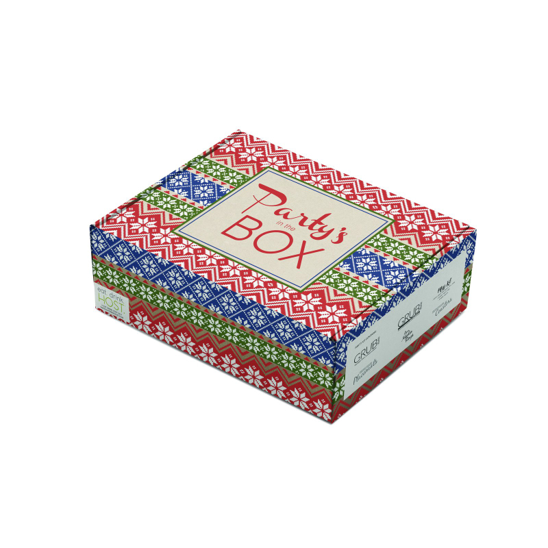 Eat Drink Host Party in a Box packaging design featuring festive red, green, and blue patterned branding.