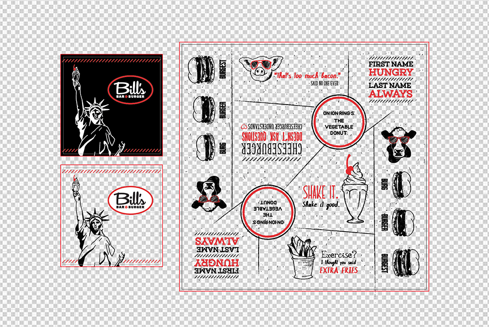 Eat Drink Host branded packaging layout design featuring bold typography, illustrated food graphics, and red and black color accents.