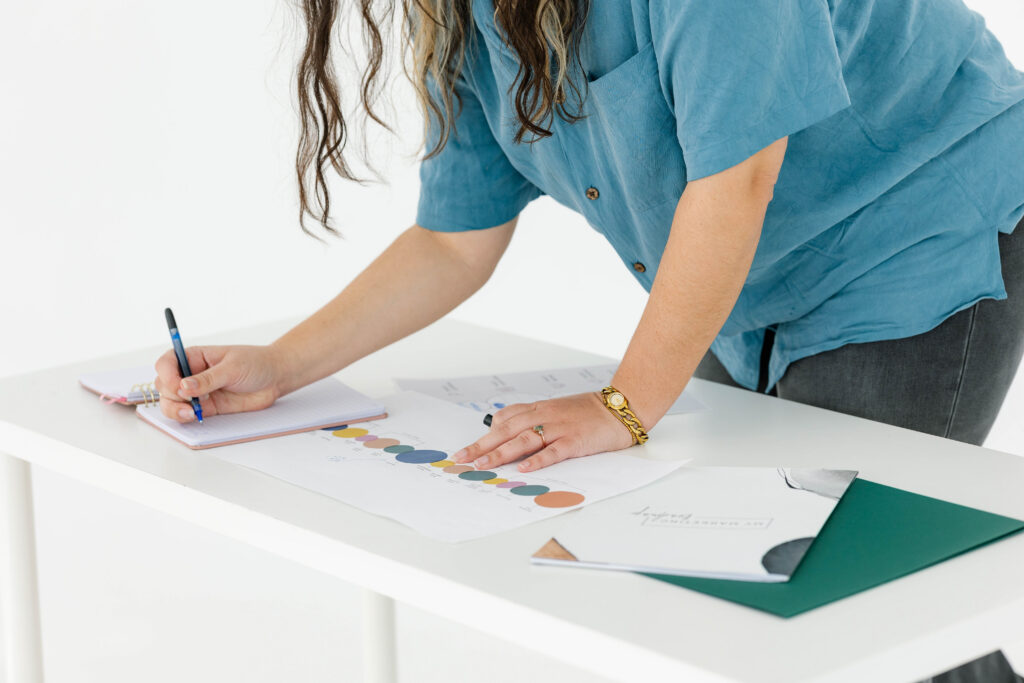 Marketing consultant for small business creating a marketing roadmap and business growth plan during a strategic planning session.